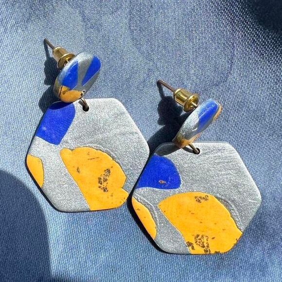 Chunky boho statement earrings handmade silver gold yellow blue - Picture 4 of 7